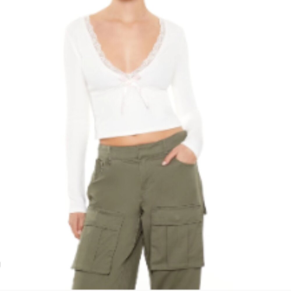 Forever 21 Cream Lace-Trim Plunging Pink Bow Crop Top